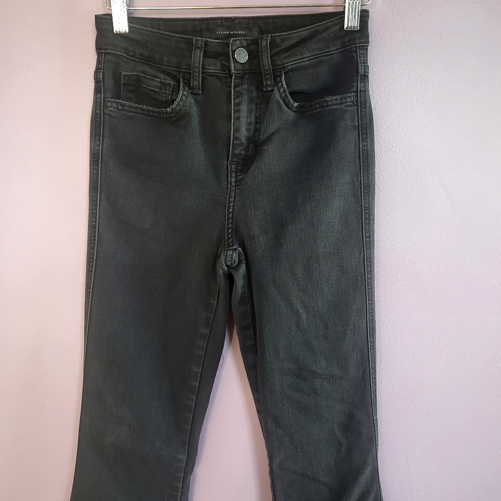 Flying Monkey Washed Black High Rise Distressed Raw Hem Flare Jeans - Picture 2 of 12